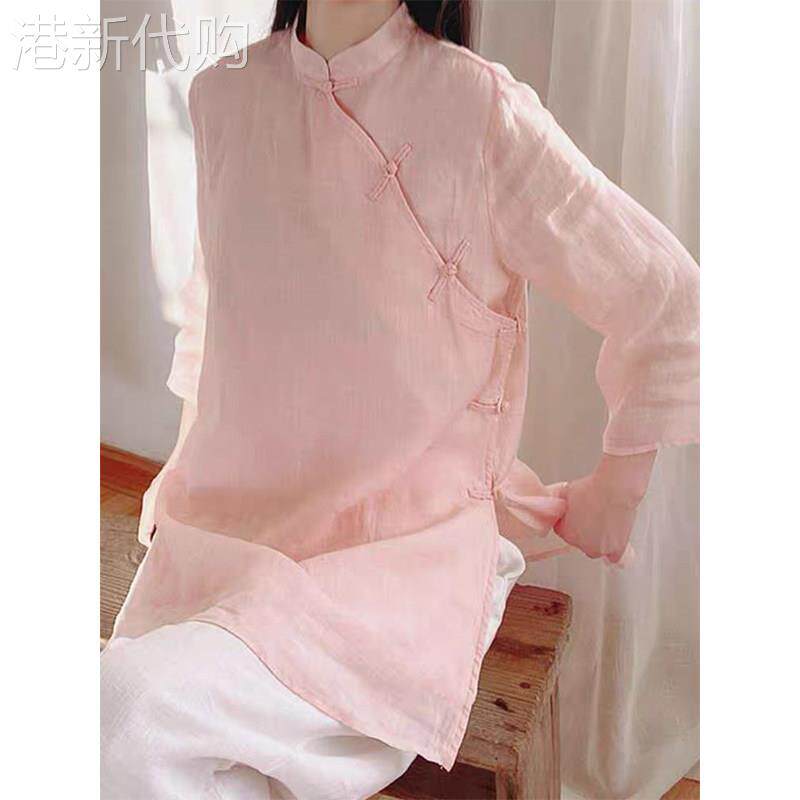 棉麻衬衫女中长版夏季2026新款气质宽松中式斜襟复古盘扣茶服上衣
