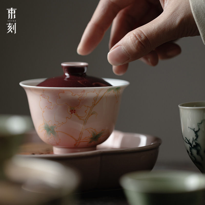 束刻苍烟红手绘月季花盖碗茶杯陶瓷釉下彩功夫茶具手工二才盖碗