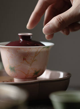 束刻苍烟红手绘月季花盖碗茶杯陶瓷釉下彩功夫茶具手工二才盖碗