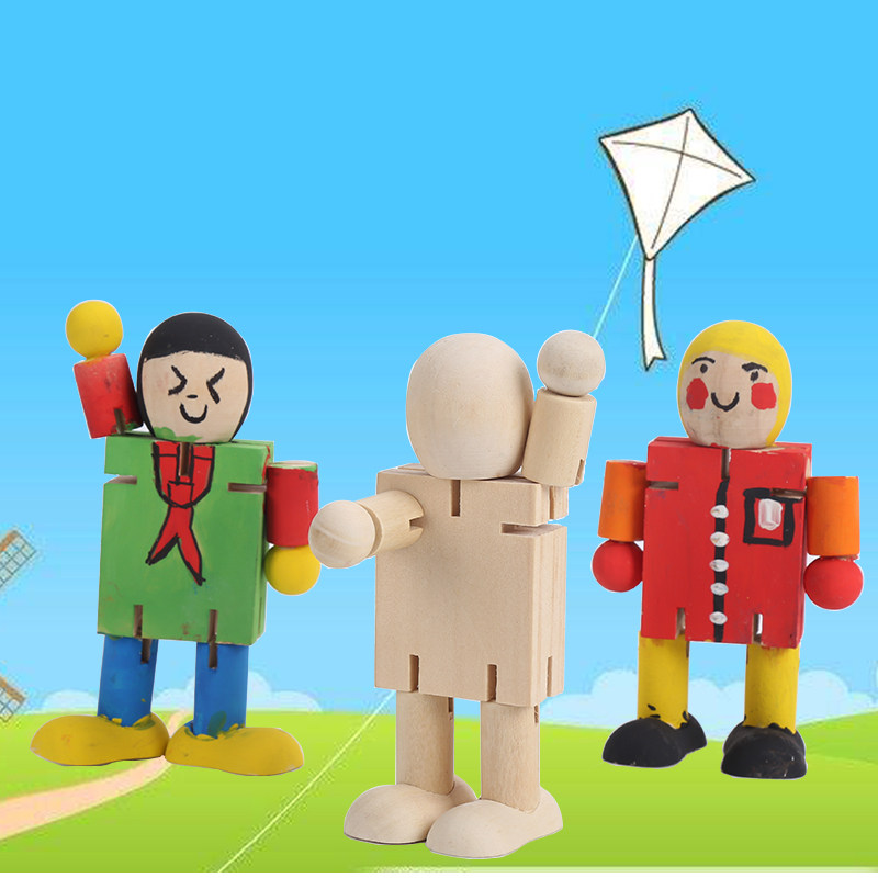 木质机器人 白坯关节木偶 diy绘画涂鸦儿童木制百变益智卡通玩具