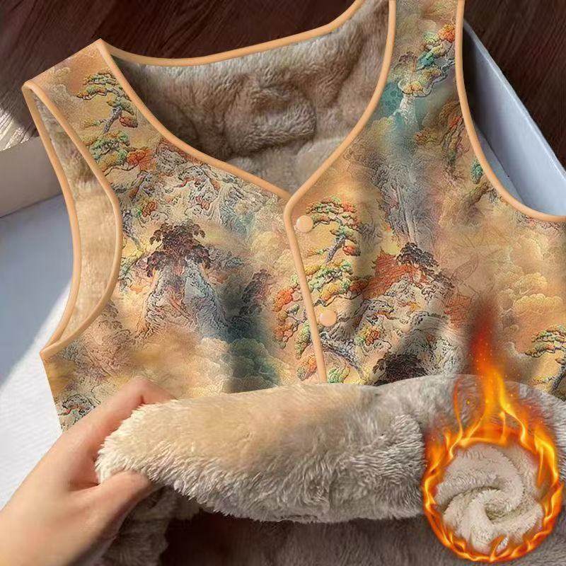 国潮山水印花加绒保暖背心女 冬季内搭无袖坎肩 贴身锁温显瘦马甲