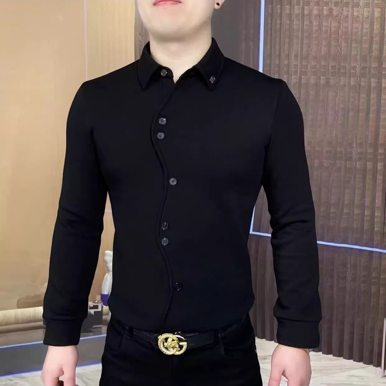 男士长袖衬衫春秋欧货概念设计师莲花门襟纹修身翻领卫衣男士潮流