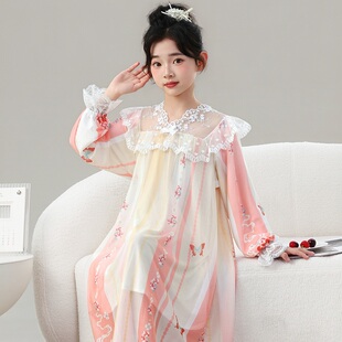 女童睡裙薄款长袖春秋莫代尔睡衣儿童春夏公主风蕾丝家居服连衣裙