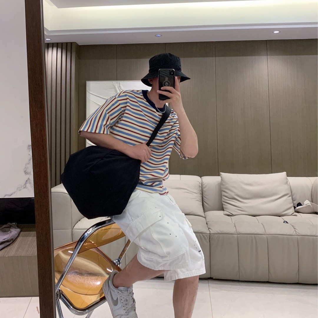 美式复古彩色条纹短袖T恤男