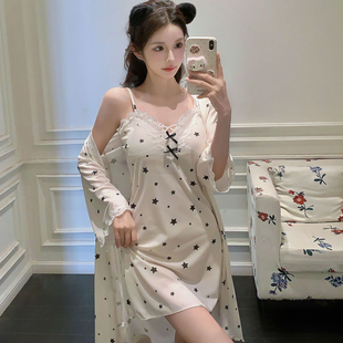 性感V领星星睡衣女春夏季新款带胸垫吊带睡裙长袖袍两件套家居服