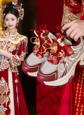 秀禾服婚鞋女2026新款厚底增高老爹鞋红色敬酒服新娘鞋不累脚单鞋