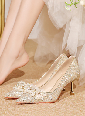 尖头婚鞋女2026年新款主婚纱新娘鞋平时可穿伴娘鞋法式水晶高跟鞋