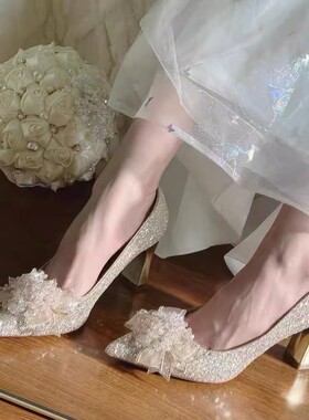 法式高跟鞋女2026新款主纱秀禾两穿不累脚新娘鞋粗跟孕妇可穿婚鞋