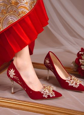 婚鞋女红色新娘鞋孕妇不累脚秀禾两穿中式婚礼绒面刺绣敬酒高跟鞋
