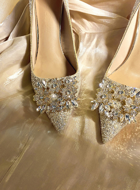 婚鞋秀禾婚纱两穿水晶鞋新娘鞋女香槟色高跟鞋不累脚水钻2026新款