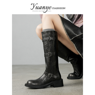 原野Yuanye●步履成诗！真皮高筒粗跟骑士靴女显瘦圆头不过膝长靴