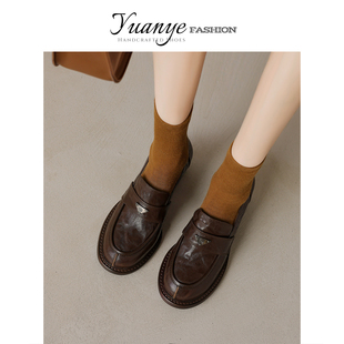 原野Yuanye●真皮圆头三角标懒人乐福鞋2025春秋新粗跟高小皮单鞋