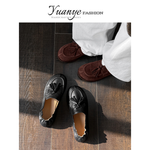 原野Yuanye●光风霁月!真皮流苏乐福鞋女圆头小皮鞋深口绒面单鞋