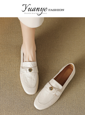 原野Yuanye●真皮圆头山茶花乐福鞋女春秋季新款平底浅口小皮单鞋
