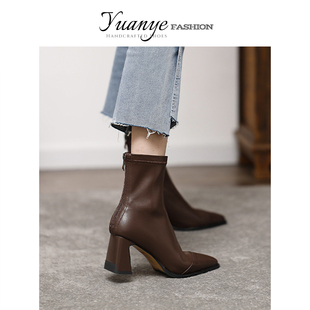 原野欧美时装粗跟高跟短靴女2025新款秋冬季高级感英伦真皮瘦瘦靴