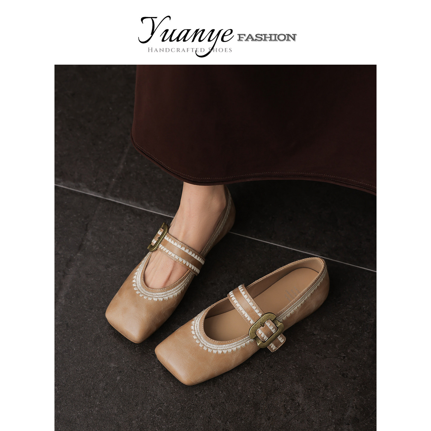 原野Yuanye●空山梵呗！真皮复古方头一字扣带玛丽珍鞋女平底单鞋,女鞋,浅口单鞋,淘宝优惠券,粉丝福利购,淘宝优惠卷