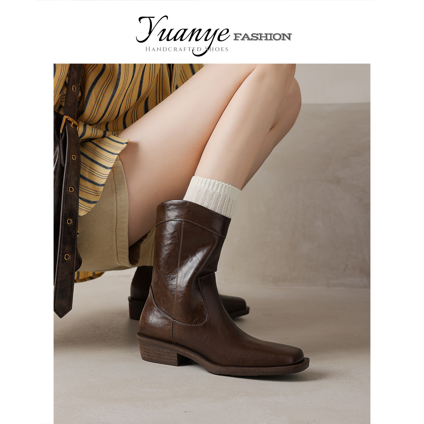 原野粗跟方头套筒中筒短靴