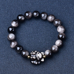 天然银曜石九尾狐手链男女款情侣黑曜石小狐狸 招桃花旺姻缘饰品
