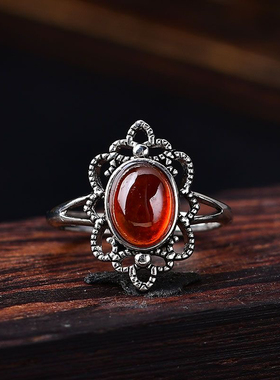 天然橙红石榴石戒指复古酒红石榴石戒指女人石指环戒圈活开口可调