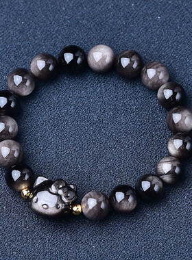 天然银曜石kitty猫手链猫咪手链猫头手串黑曜石手链女闺蜜礼物