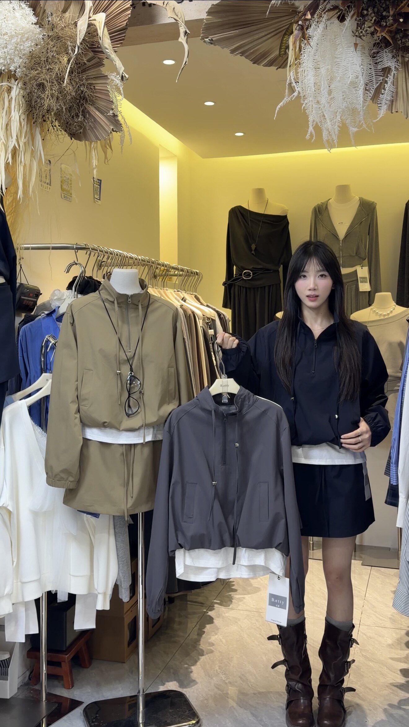 韩系半拉链立领短款冲锋衣套装女秋季假两件外套高腰休闲短裙两件