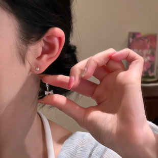 甜美鋯石蝴蝶結后掛式 925純銀耳釘女小眾設計超閃耳環高級感耳飾