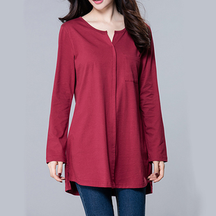 长袖t恤女装韩版纯棉新中长款打底衫宽松显瘦大码春秋遮肚子上衣T