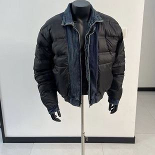 GZ SHOP韩系设计感双面穿白鸭绒牛仔羽绒服重磅水洗做旧保暖外套