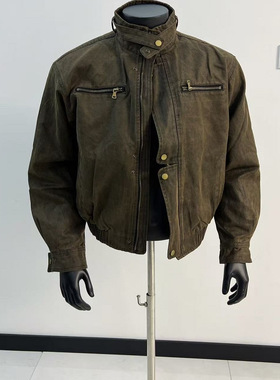 GZ SHOP美式复古做旧巴恩风机车皮衣立领设计感旧油蜡工装外套