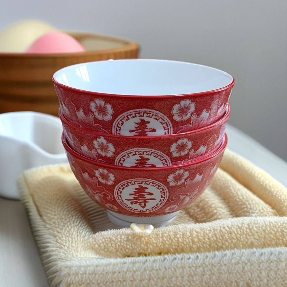 釉下彩喜庆寿字陶瓷面碗红色精美饼碗老人生日寿宴经典礼品祝寿碗