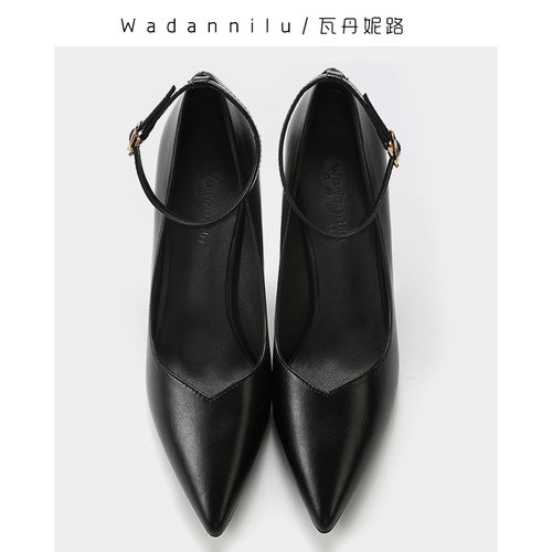 一字带通勤工作鞋女黑色高跟鞋细