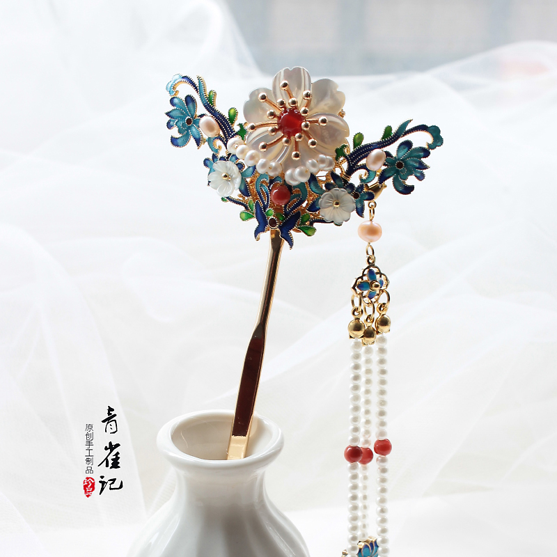 手工原创明制景泰蓝青黛发簪子