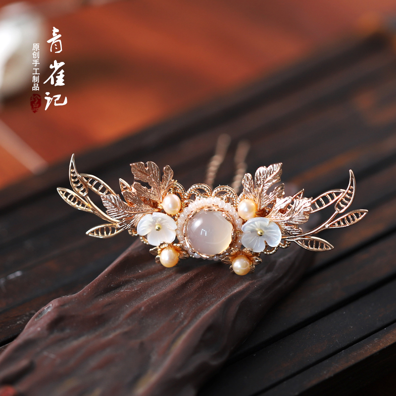 青雀记手工复古头饰天然贝壳花女金色发冠汉服发饰配饰头饰龙葵粉