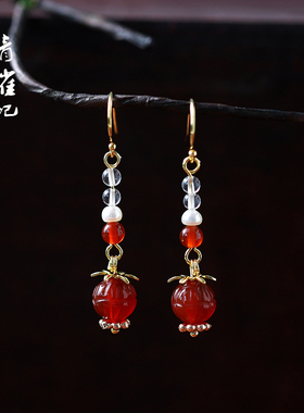 青雀记原创手工复古典风玫瑰花朵耳饰汉服旗袍配饰红玛瑙愣珠耳环