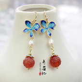 青雀记古风原创烧蓝耳环汉服明制景泰蓝红色玛瑙耳钩百搭耳夹鸢尾