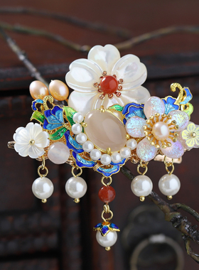 青雀记原创古典手工发夹烧蓝景泰蓝流苏汉服旗袍配饰满庭芳发夹