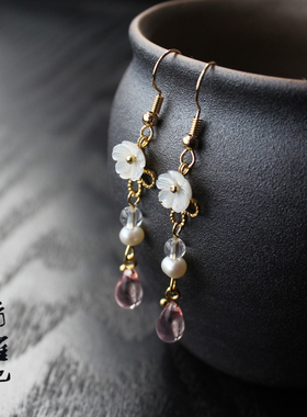 青雀记原创设计白碟贝耳夹饰品气质汉服古风配饰耳环耳钩捷克水滴