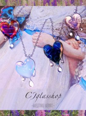 CJglasshop-融化的心 原创小众手工玻璃梦幻少女粉爱心银设计项链