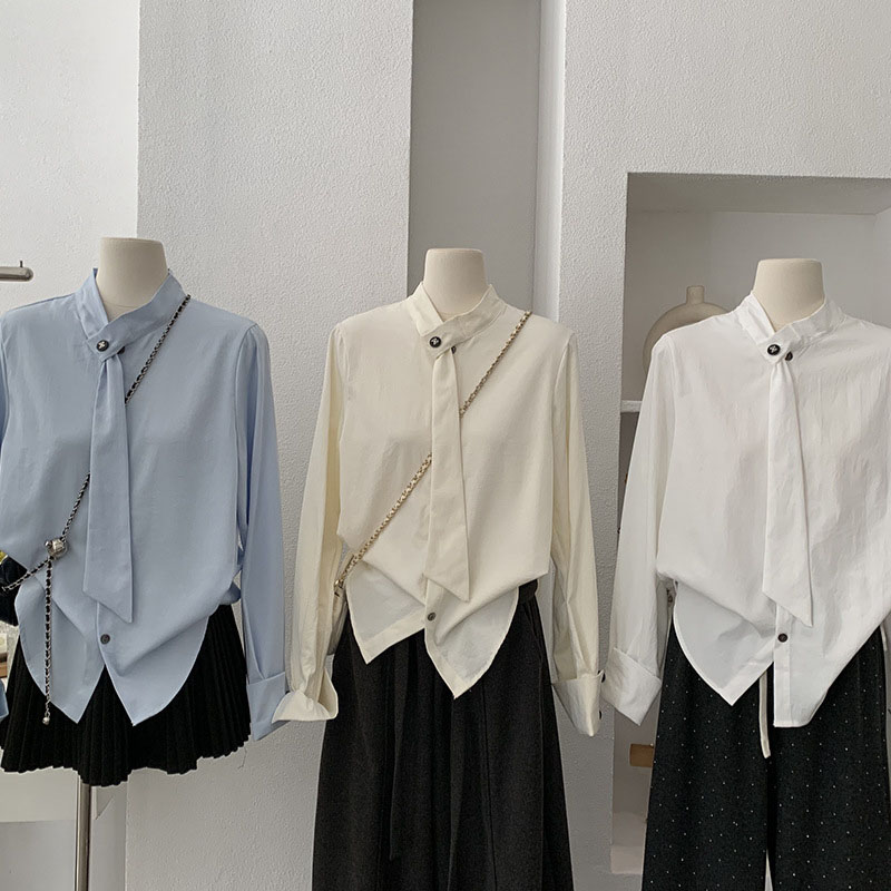 立领飘带长袖衬衫女秋冬季新款纯色宽松单排扣上衣潮小众法式气质