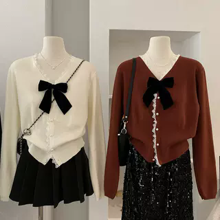 V领蕾丝拼接针织开衫配可拆卸蝴蝶结温柔气质长袖毛衣甜美软糯