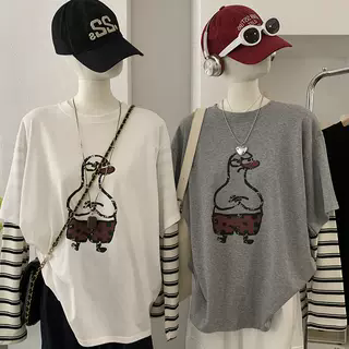 假两件条纹拼接袖趣味卡通鸭子印花圆领长袖宽松T恤女宽松型,女装/女士精品,T恤,淘宝优惠券,粉丝福利购,淘宝优惠卷