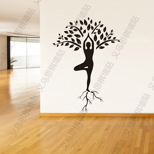 瑜伽生命树墙贴纸养生馆舞蹈室健身房装饰背景瑜伽树健康人物海报