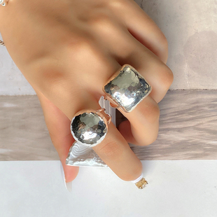 s925纯银菱形重工夸张方形凹凸半圆形戒指女泰国潮流食指戒网红款