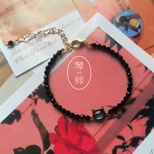 黑色尖晶石蝶贝小黑猫手链ins风极细简约手串日系小众设计礼物
