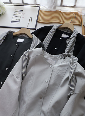 2025秋冬新韩版时尚高级感条纹卷边宽松短款夹克外套女