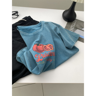 夏日韩版砂洗做旧复古番茄印花恤女蓝色圆领宽松短袖显白上衣潮