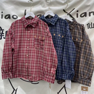 港式复古条纹格子时尚长袖衬衣女秋季校园风小个子好看别致衬衫女