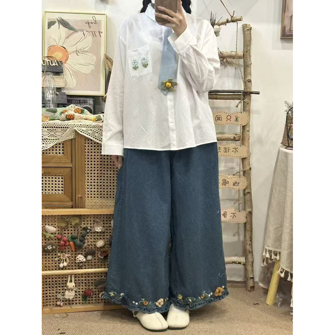 韩系小花领带长袖衬衫