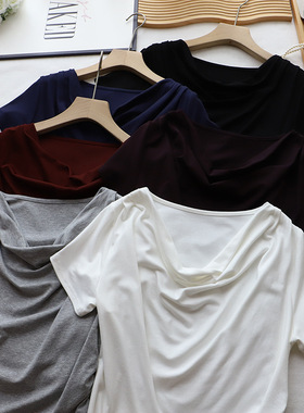 2025秋季新款韩版荡领气质收腰显瘦休闲打底短袖恤女