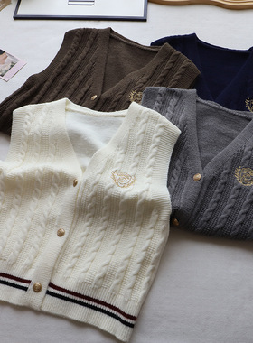 2025秋冬新款韩系领刺绣条纹开衫针织马甲背心坎肩女